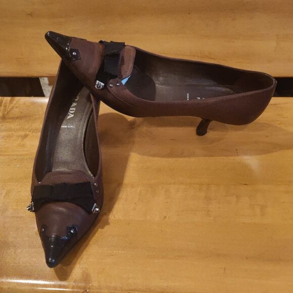 Prada size 37.5 brown and black authenticated kitten heels Made in Italy - Picture 1 of 16